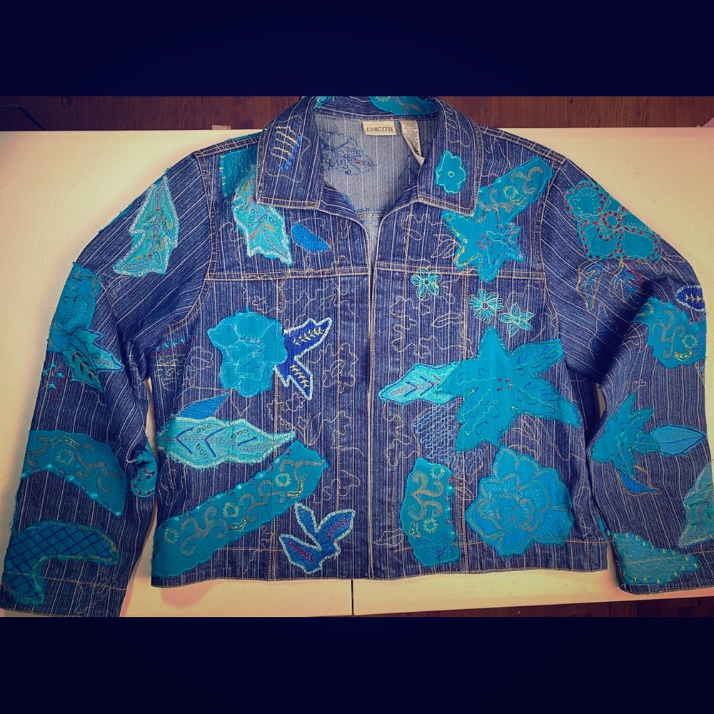 Chico's Women's Jean Jacket w/Appliqued Flowers